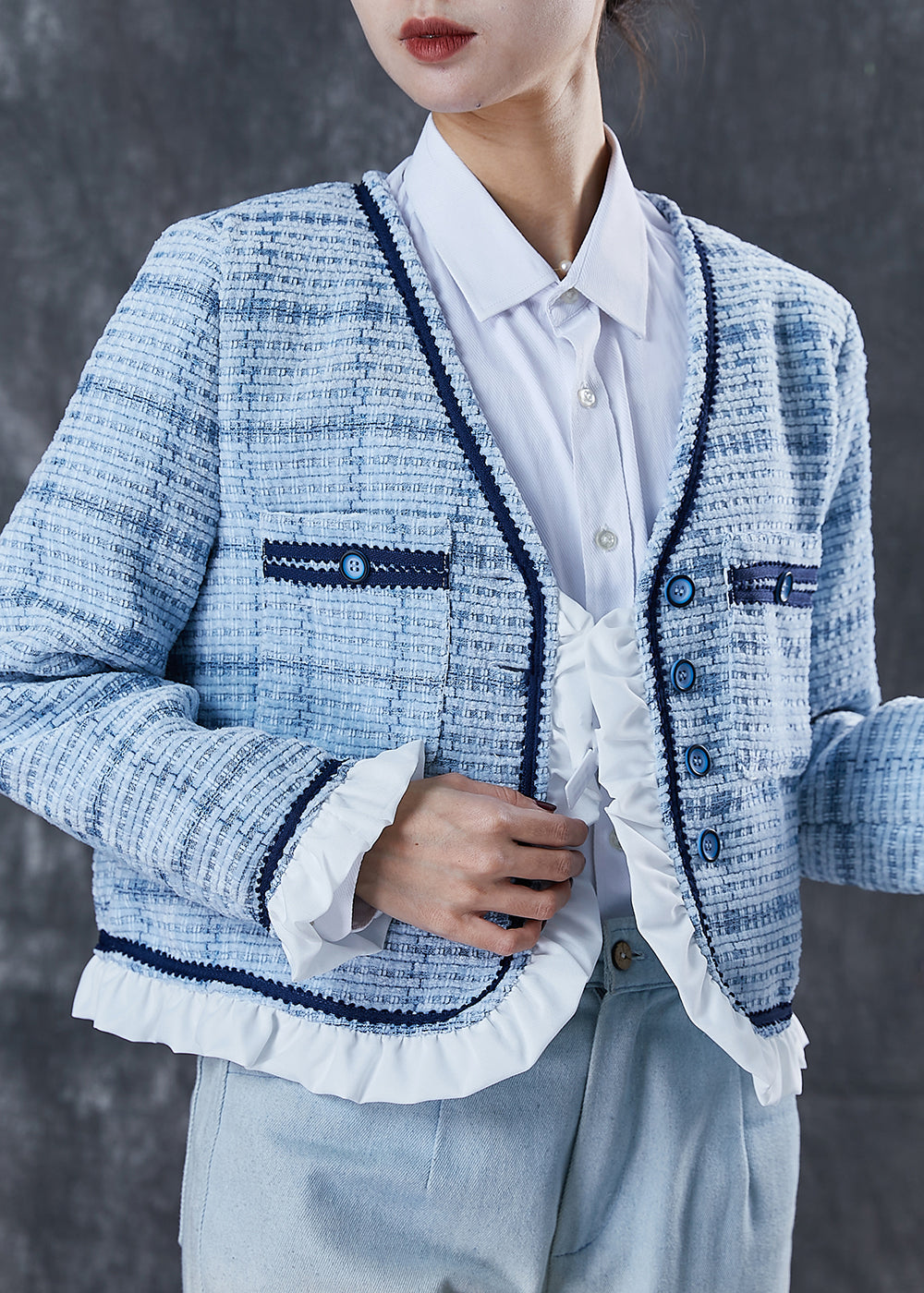 Drune | Blaue Rüschenshirt-Patchwork-Baumwollmäntel