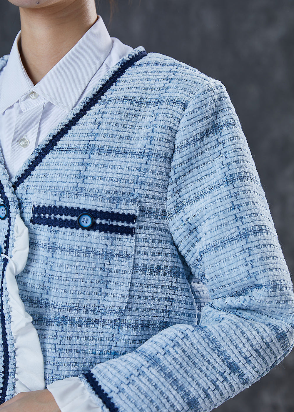 Drune | Blaue Rüschenshirt-Patchwork-Baumwollmäntel