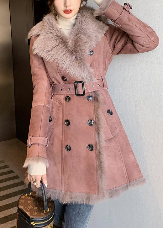 Drune | Pinker Pelzkragen Bindegürtel Leder und Pelzmäntel Winter