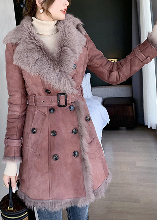 Drune | Pinker Pelzkragen Bindegürtel Leder und Pelzmäntel Winter