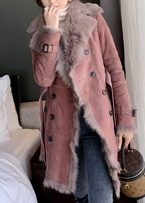 Drune | Pinker Pelzkragen Bindegürtel Leder und Pelzmäntel Winter