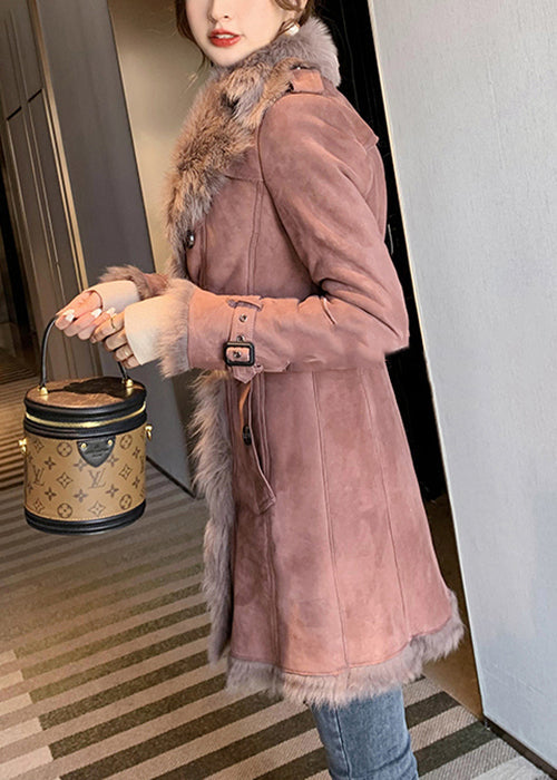 Drune | Pinker Pelzkragen Bindegürtel Leder und Pelzmäntel Winter