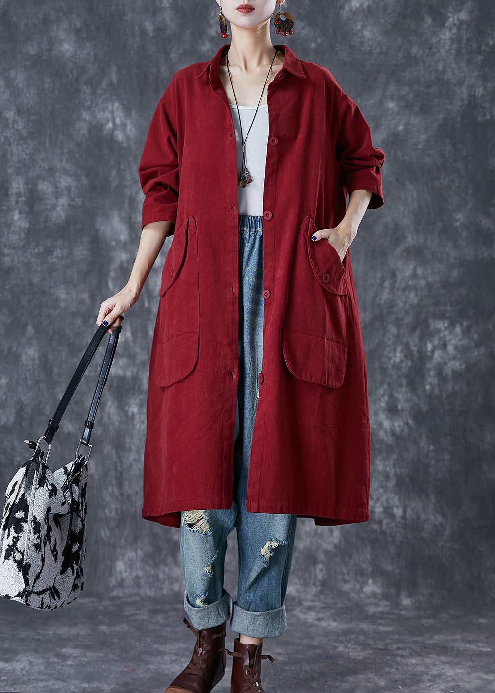 Drune | Rote Übergroße Taschen Baumwoll-Trenchcoats