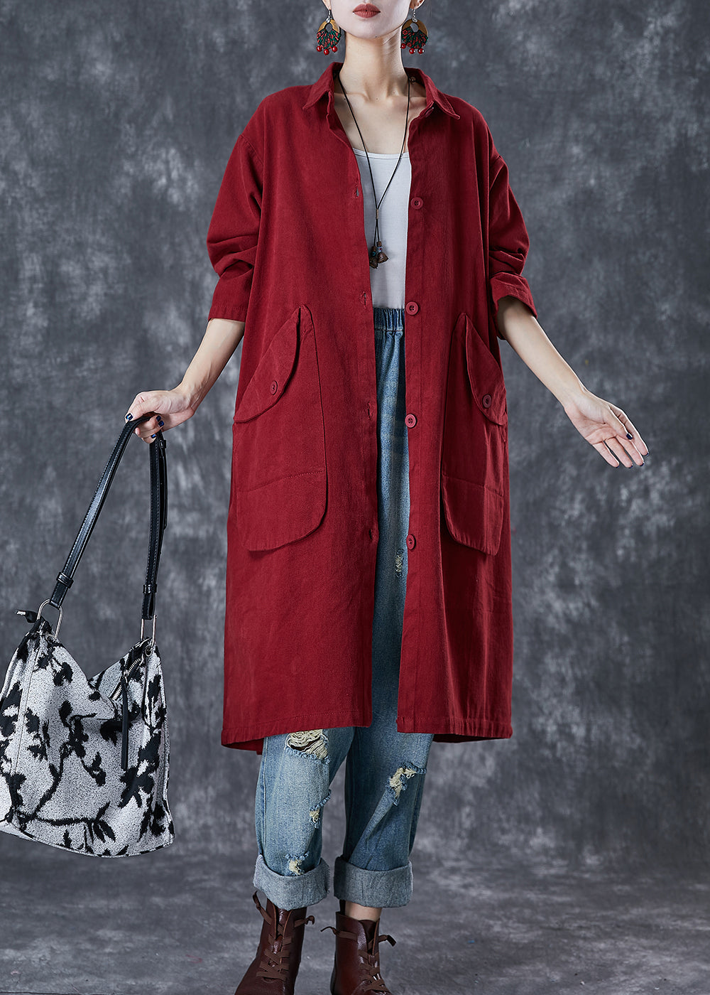 Drune | Rote Übergroße Taschen Baumwoll-Trenchcoats