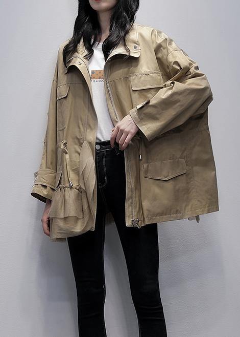 Drune | Stehkragen Mode Oberbekleidung khaki Patchwork Tüll lockere Mäntel