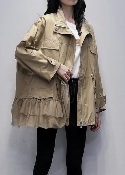 Drune | Stehkragen Mode Oberbekleidung khaki Patchwork Tüll lockere Mäntel