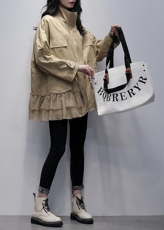 Drune | Stehkragen Mode Oberbekleidung khaki Patchwork Tüll lockere Mäntel