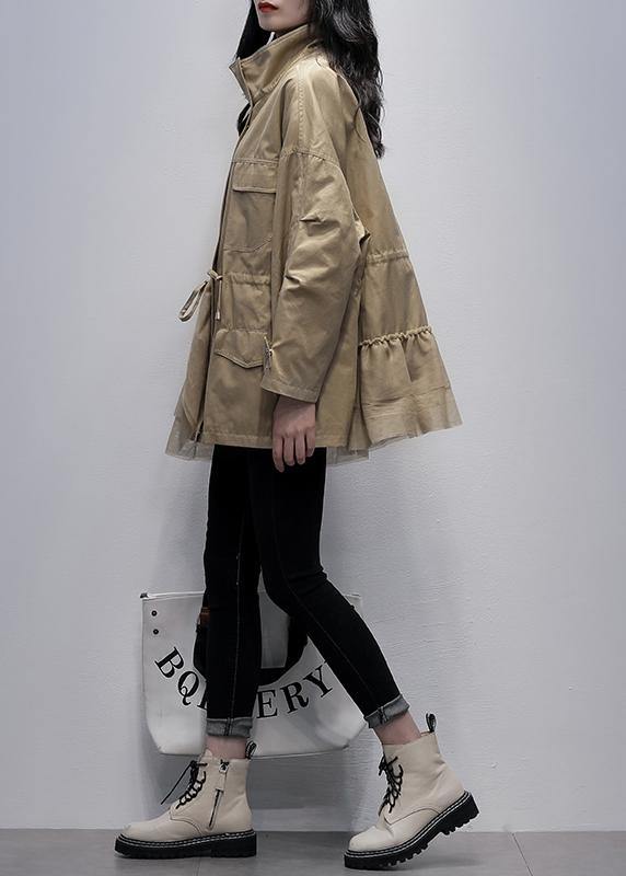 Drune | Stehkragen Mode Oberbekleidung khaki Patchwork Tüll lockere Mäntel