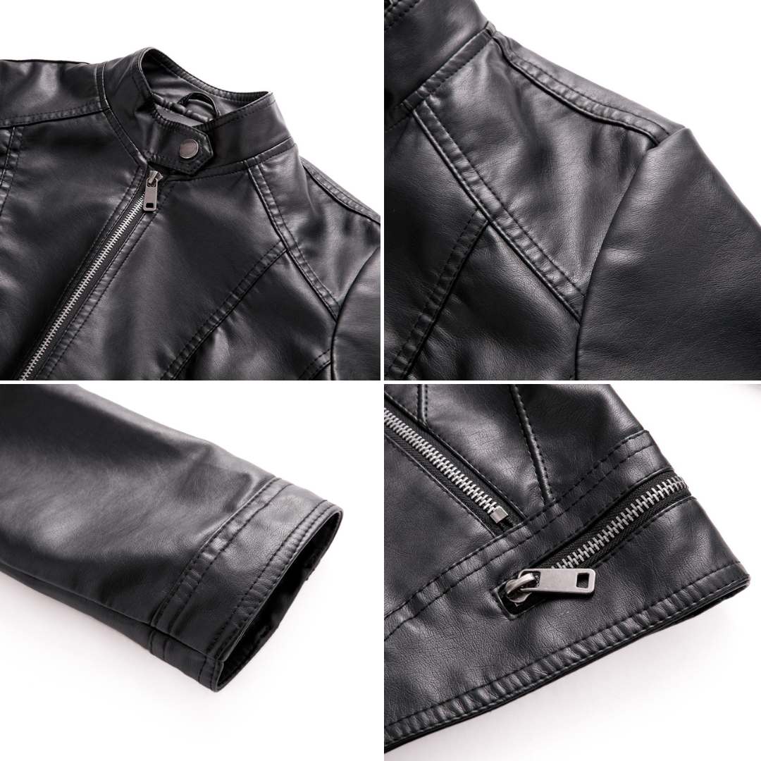 Drune | Lederjacke Biker Stil Reißverschluss Stehkragen Slim Fit