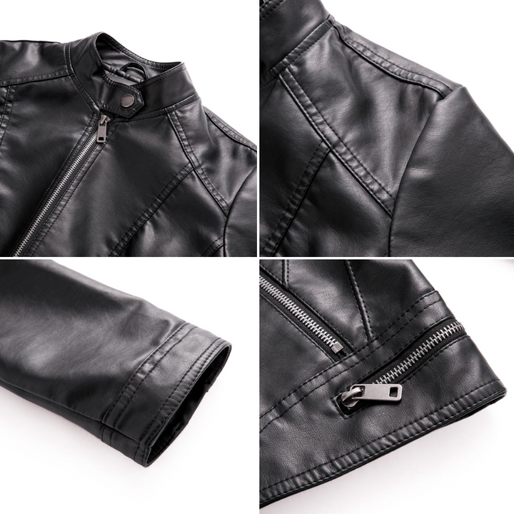 Drune | Lederjacke Biker Stil Reißverschluss Stehkragen Slim Fit