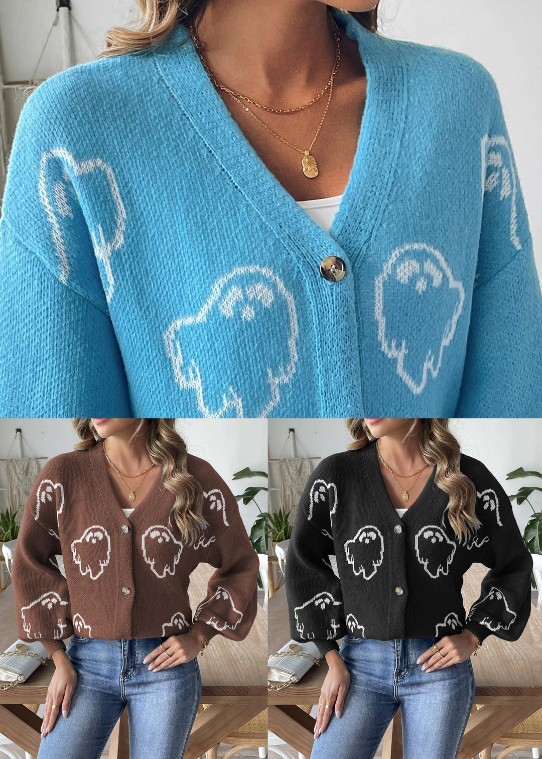Drune | Knopf-Patchwork-Strickmäntel mit langen Ärmeln