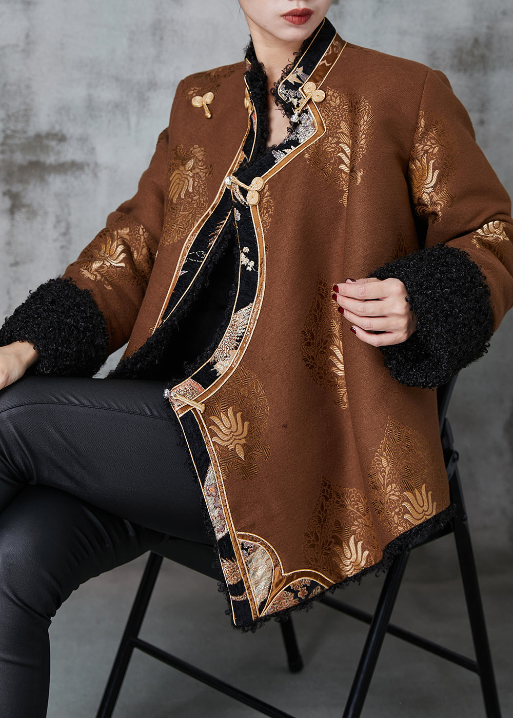 Drune | Jacquard Warme Fleece Mäntel Chinesischer Knopf