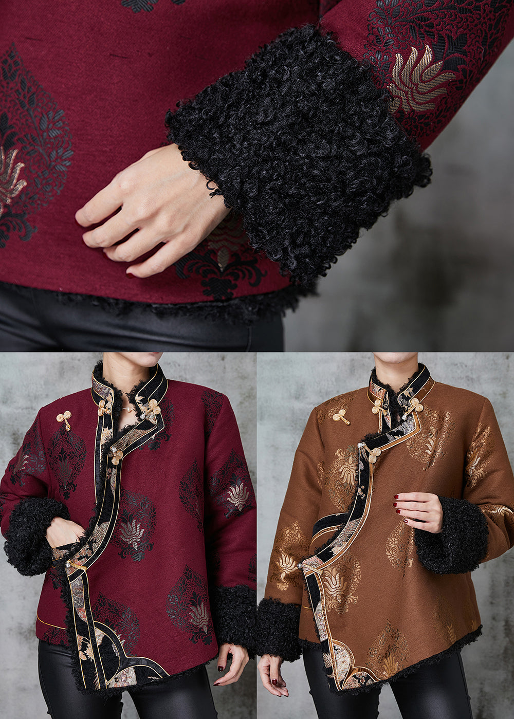 Drune | Jacquard Warme Fleece Mäntel Chinesischer Knopf