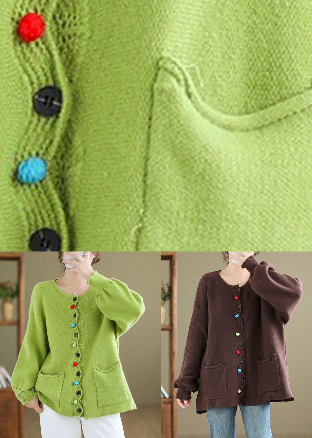 Drune | Taschen Patchwork Gemütliche Strickmäntel O Hals