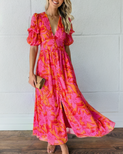 Drune | Elegantes Kleid mit Puffärmeln und tiefem V-Ausschnitt Druck
