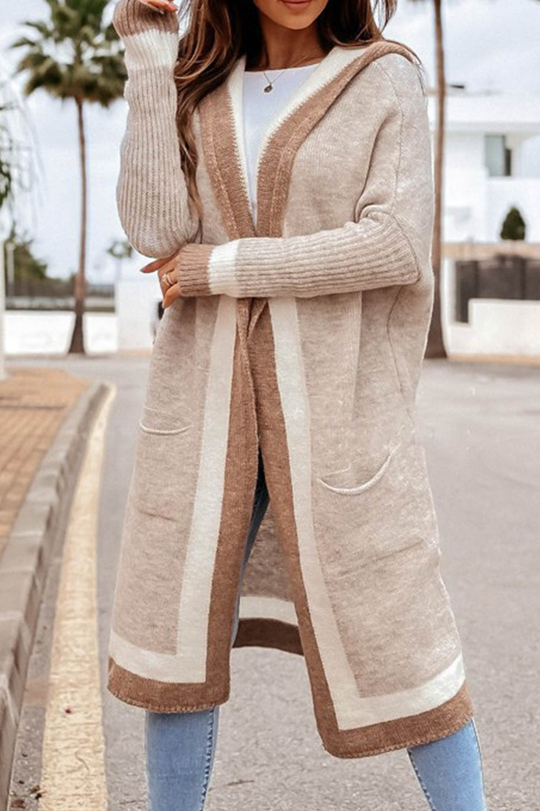 Drune | Langer Cardigan mit Kapuze und kontrastierendem Design
