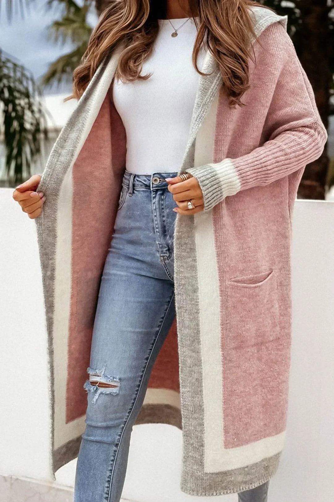 Drune | Lange Strickjacke mit kontrastierendem Kapuzenpullover und offener Vorderseite