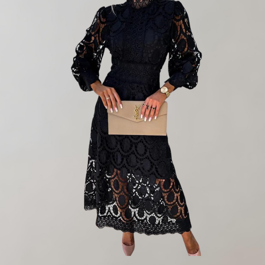 Drune - Midikleid mit hohem Halsausschnitt und Spitzendetails | Kleid mit Puffärmeln und taillierten Bündchen