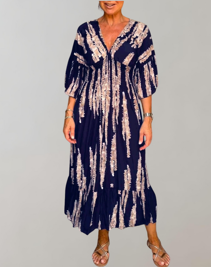 Drune - Bedrucktes Maxikleid | Abendkleid für Damen | fließendes Maxikleid mit V-Ausschnitt
