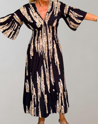 Drune - Bedrucktes Maxikleid | Abendkleid für Damen | fließendes Maxikleid mit V-Ausschnitt