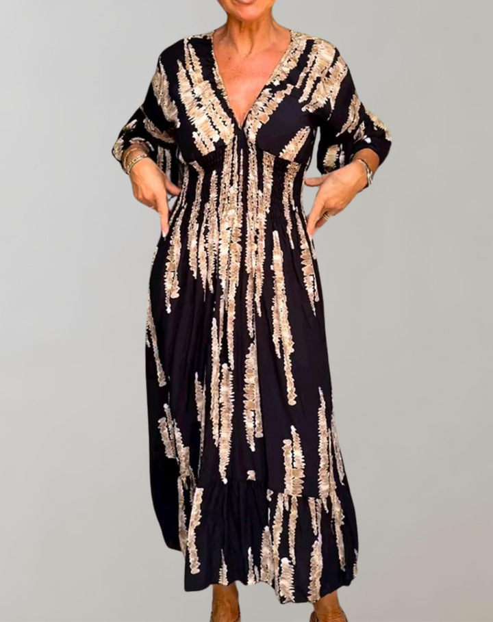 Drune - Bedrucktes Maxikleid | Abendkleid für Damen | fließendes Maxikleid mit V-Ausschnitt