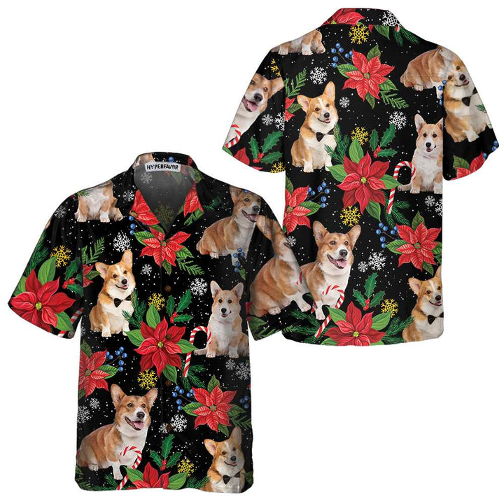 Drune | Corgi mit Weihnachtspflanzen Hawaiian Shirt, Lustiges Corgi Weihnachtshemd für Männer & Frauen, Bestes Weihnachtsgeschenk