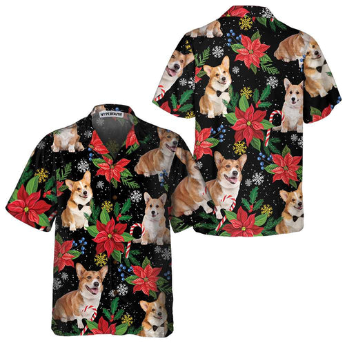 Drune | Corgi mit Weihnachtspflanzen Hawaiian Shirt, Lustiges Corgi Weihnachtshemd für Männer & Frauen, Bestes Weihnachtsgeschenk