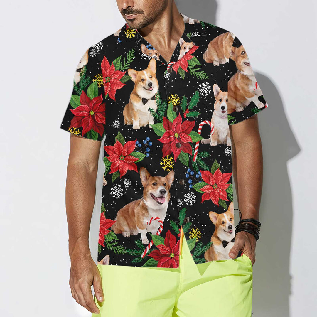 Drune | Corgi mit Weihnachtspflanzen Hawaiian Shirt, Lustiges Corgi Weihnachtshemd für Männer & Frauen, Bestes Weihnachtsgeschenk