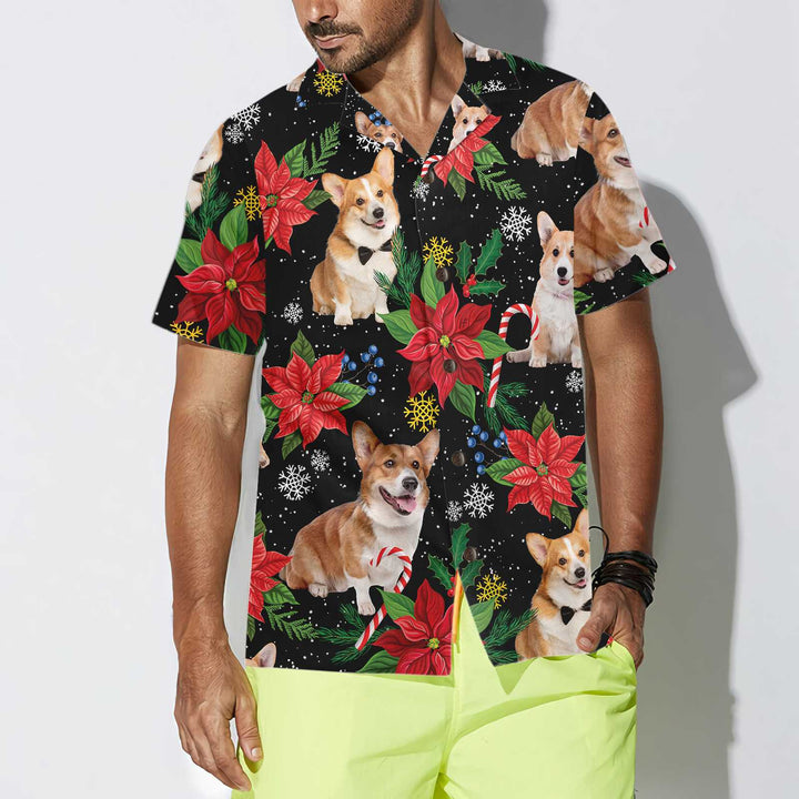 Drune | Corgi mit Weihnachtspflanzen Hawaiian Shirt, Lustiges Corgi Weihnachtshemd für Männer & Frauen, Bestes Weihnachtsgeschenk