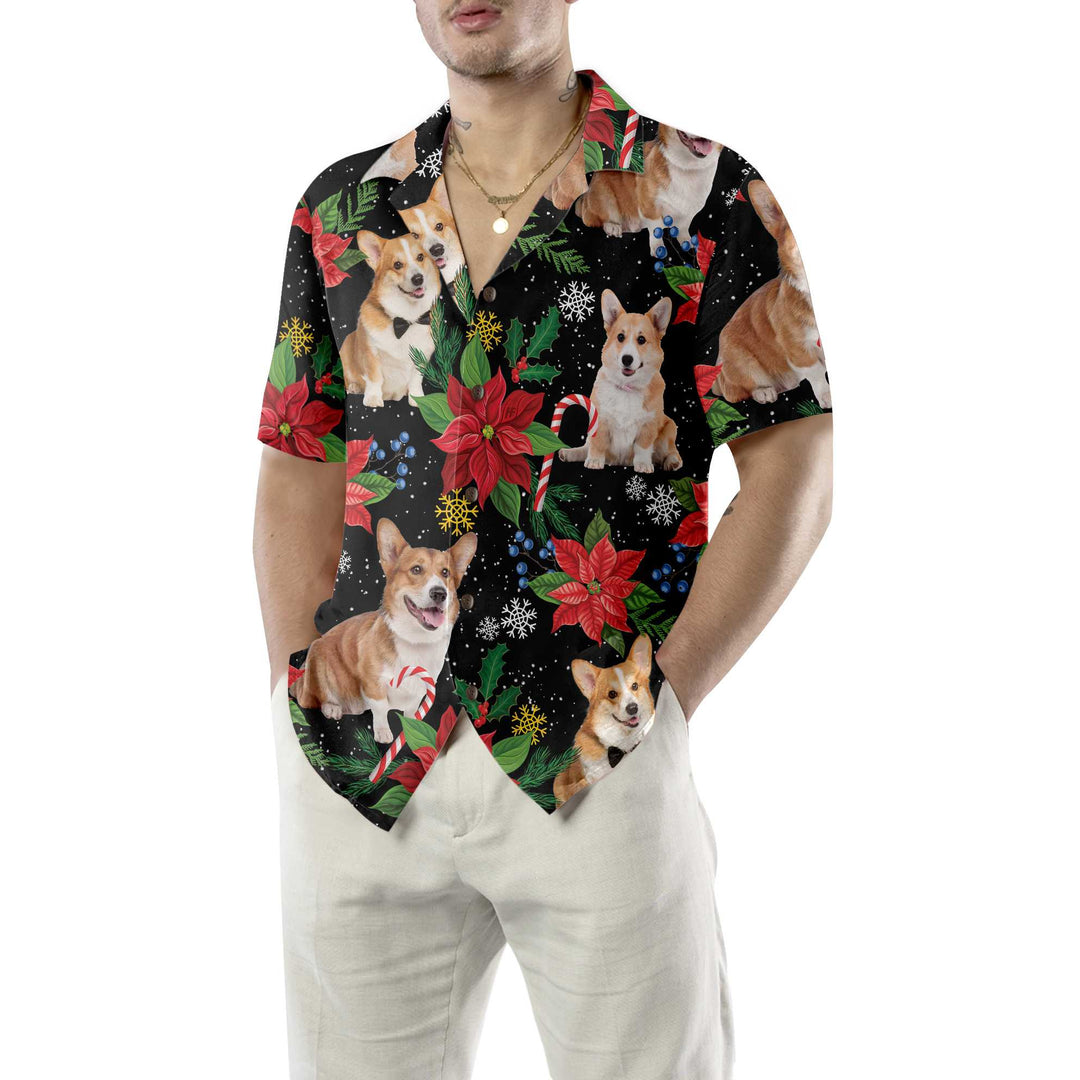 Drune | Corgi mit Weihnachtspflanzen Hawaiian Shirt, Lustiges Corgi Weihnachtshemd für Männer & Frauen, Bestes Weihnachtsgeschenk