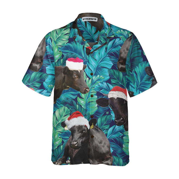 Drune | Kühe Schwarze Rinder Tragen Weihnachtsmann Hut Hawaiihemd, Tropisches Blattmuster Weihnachtshemd, Bestes Geschenk Für Weihnachten