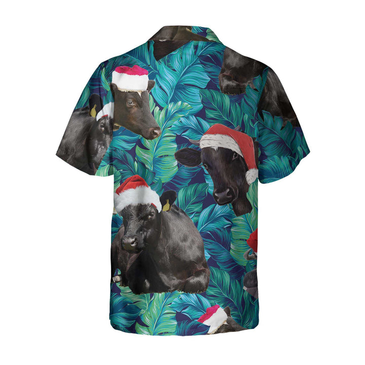 Drune | Kühe Schwarze Rinder Tragen Weihnachtsmann Hut Hawaiihemd, Tropisches Blattmuster Weihnachtshemd, Bestes Geschenk Für Weihnachten