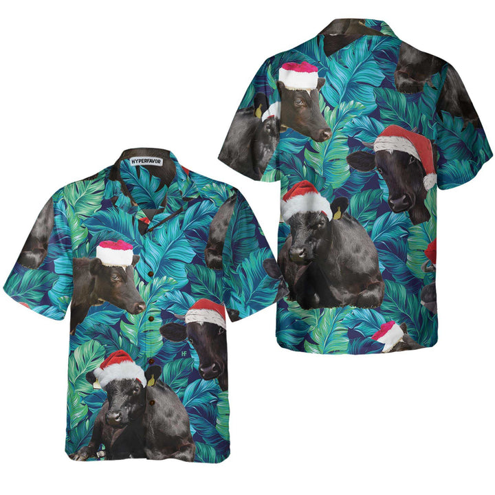 Drune | Kühe Schwarze Rinder Tragen Weihnachtsmann Hut Hawaiihemd, Tropisches Blattmuster Weihnachtshemd, Bestes Geschenk Für Weihnachten