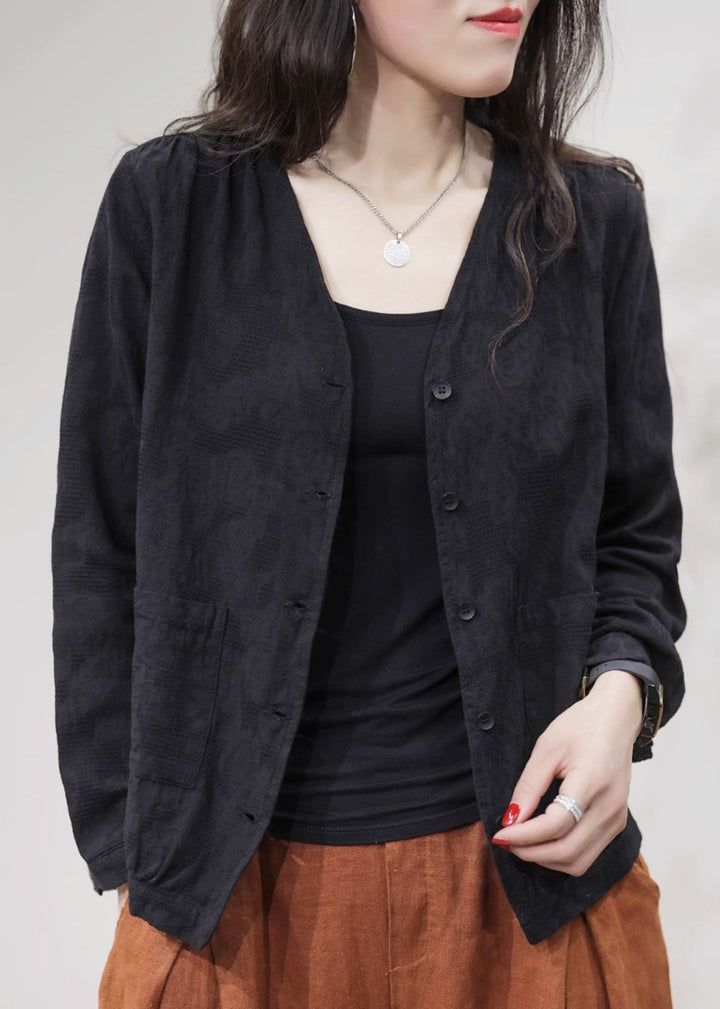 Drune | Schwarze V-Ausschnitt Knopf Baumwollmäntel Langarm