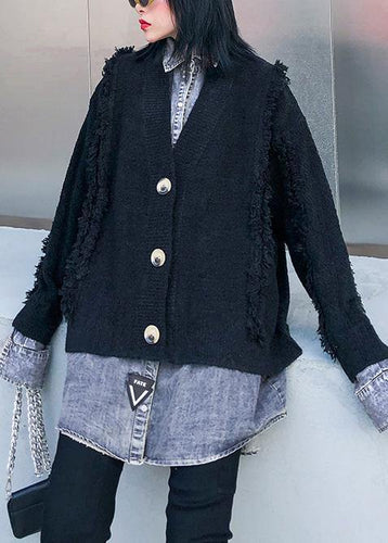 Drune | schwarze Strickmäntel Plus Size Patchwork falsche Zweiteiler Strick Sweat Tops