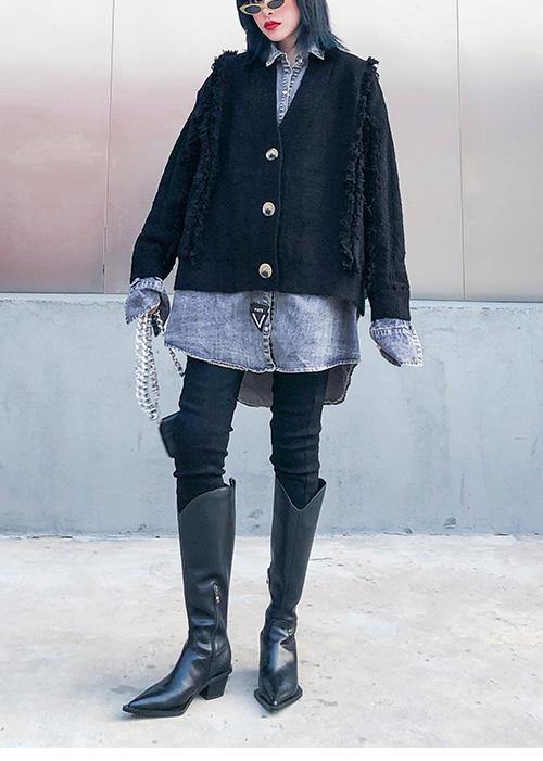 Drune | schwarze Strickmäntel Plus Size Patchwork falsche Zweiteiler Strick Sweat Tops