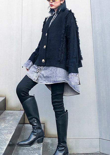 Drune | schwarze Strickmäntel Plus Size Patchwork falsche Zweiteiler Strick Sweat Tops