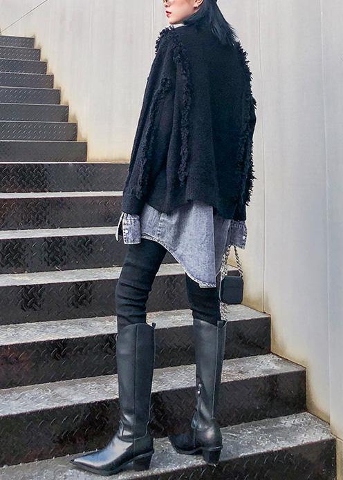 Drune | schwarze Strickmäntel Plus Size Patchwork falsche Zweiteiler Strick Sweat Tops