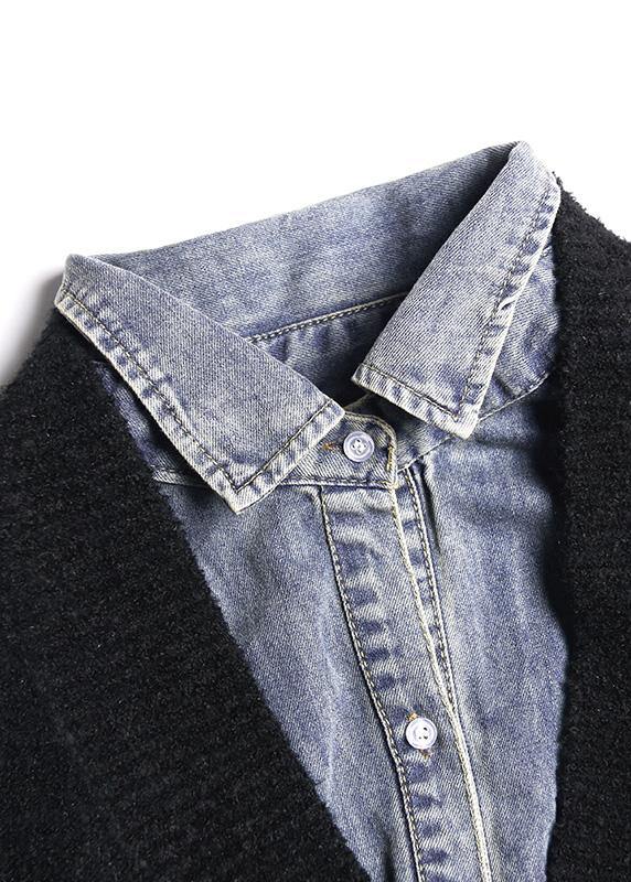 Drune | schwarze Strickmäntel Plus Size Patchwork falsche Zweiteiler Strick Sweat Tops
