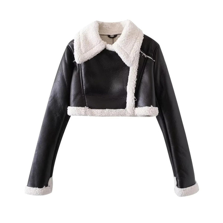 Drune | Gekürzte Faux Leder Schaffelljacke mit Übergroßer Kragen