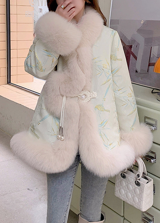 Drune | Beige Foxkragen Bestickte Leder- Und Pelzmäntel Winter