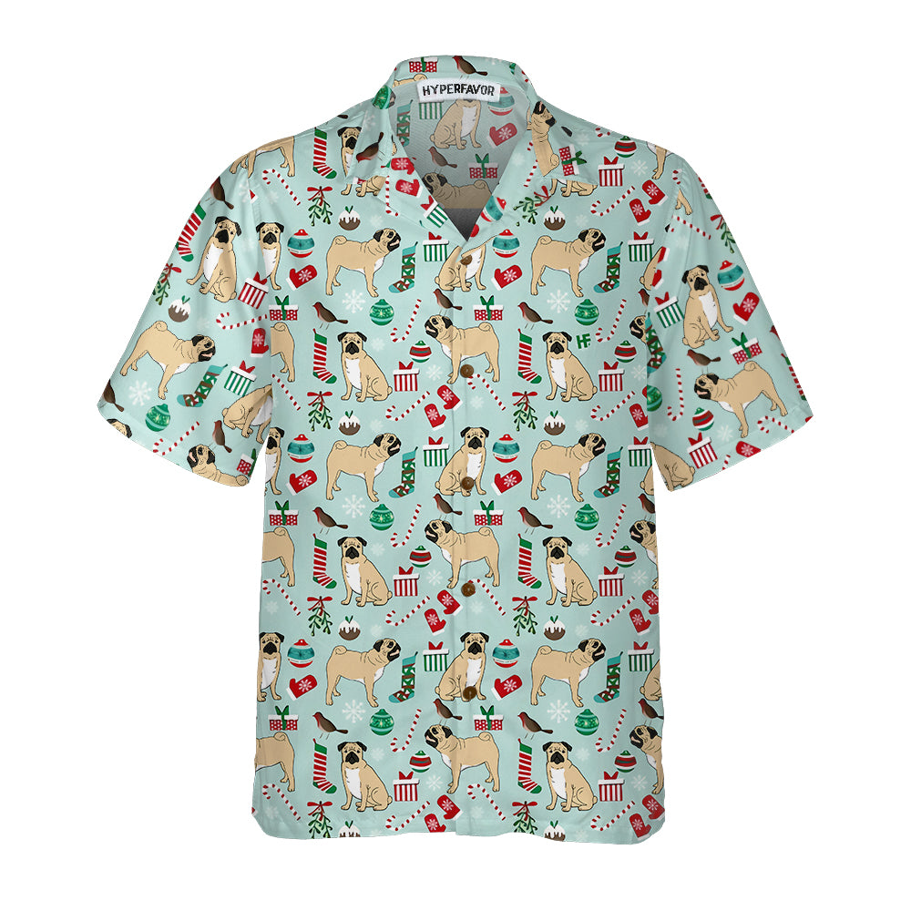 Drune | Süße Pug Xmas Urlaubs-Hawaiian-Shirt, Lustiges Weihnachts-Hund-Hawaiian-Shirt
