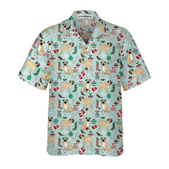 Drune | Süße Pug Xmas Urlaubs-Hawaiian-Shirt, Lustiges Weihnachts-Hund-Hawaiian-Shirt