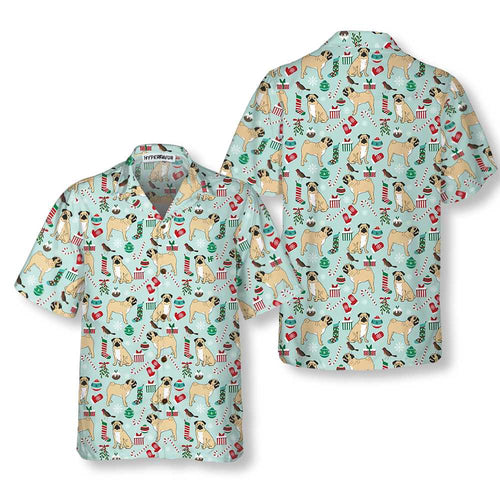 Drune | Süße Pug Xmas Urlaubs-Hawaiian-Shirt, Lustiges Weihnachts-Hund-Hawaiian-Shirt