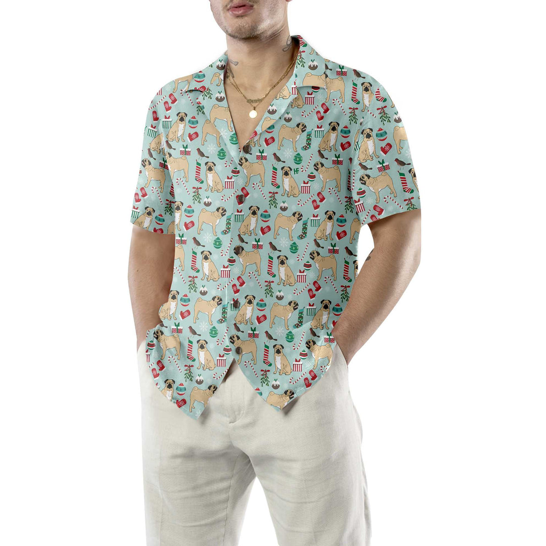 Drune | Süße Pug Xmas Urlaubs-Hawaiian-Shirt, Lustiges Weihnachts-Hund-Hawaiian-Shirt