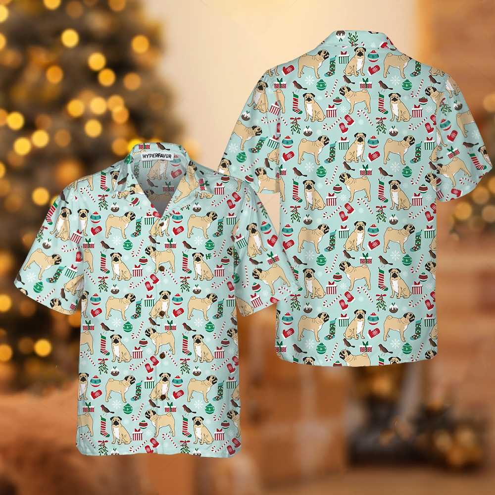 Drune | Süße Pug Xmas Urlaubs-Hawaiian-Shirt, Lustiges Weihnachts-Hund-Hawaiian-Shirt