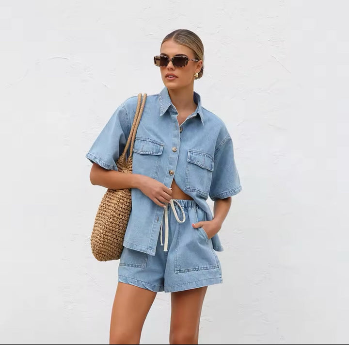 Drune | Lässiges Jeans Set Mit Übergröße Hemd & Shorts