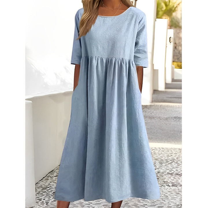 Drune | Atmungsaktives Baumwoll-Leinen Vintage Midi-Kleid mit Falten-Design