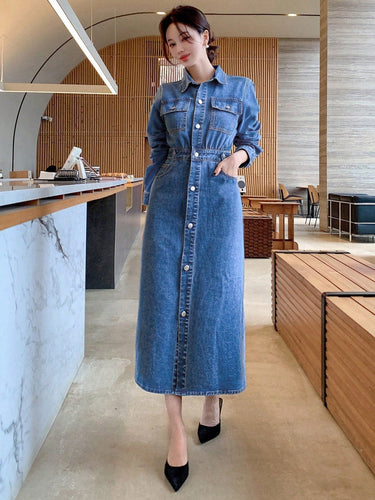 Drune | Knopf-Front Klappentaschen Langarm-Jeanskleid