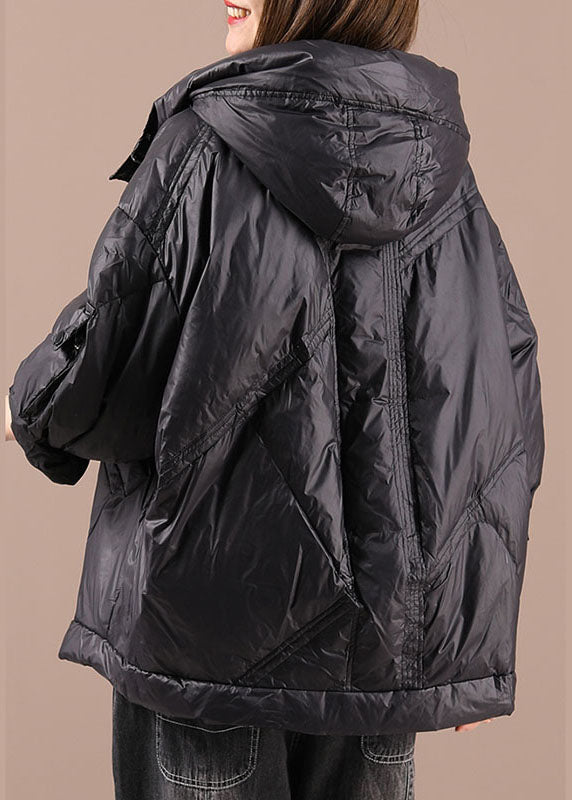 Drune | Schwarze Kapuzenjacken mit Taschen Winter Entenfedern Lange Ärmel